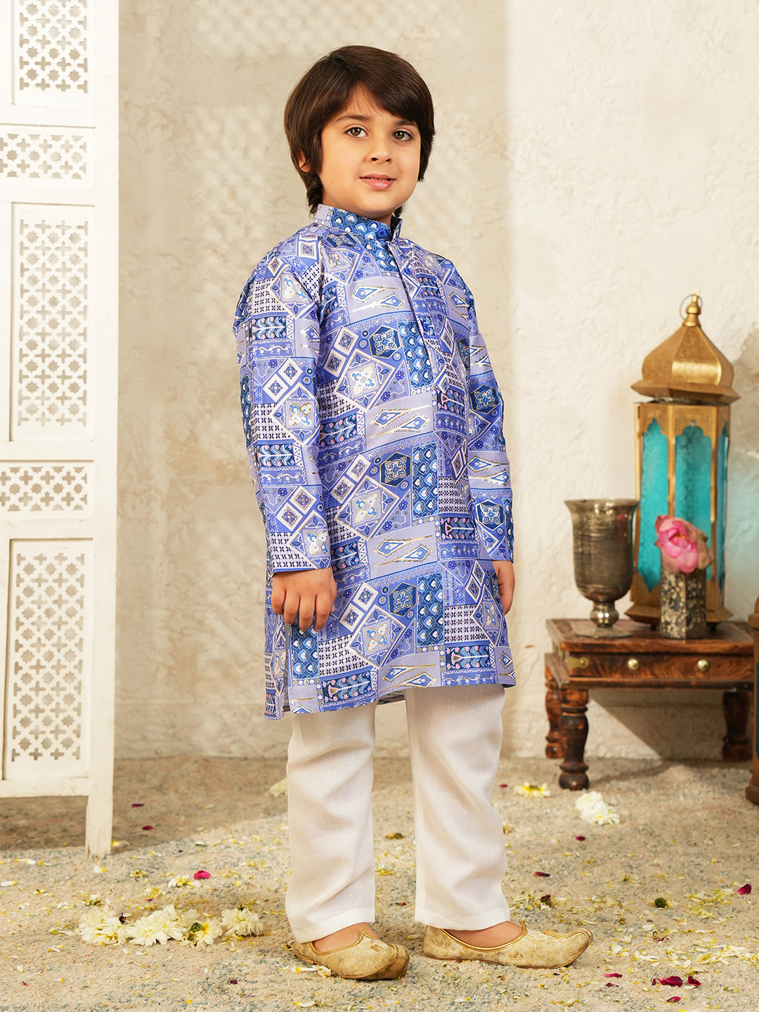 AJ Dezines Dark Blue Ethnic Foil Print Silk Blend Kurta and Pyjama For Boys