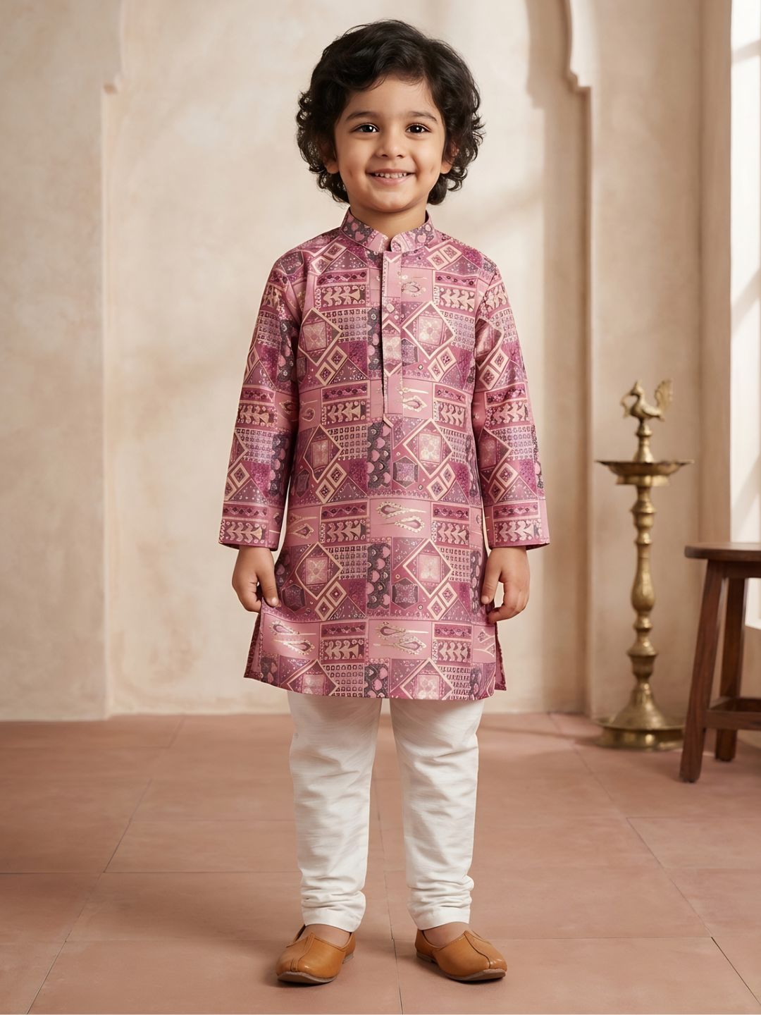 AJ Dezines Pink Ethnic Foil Print Silk Blend Kurta and Pyjama For Boys