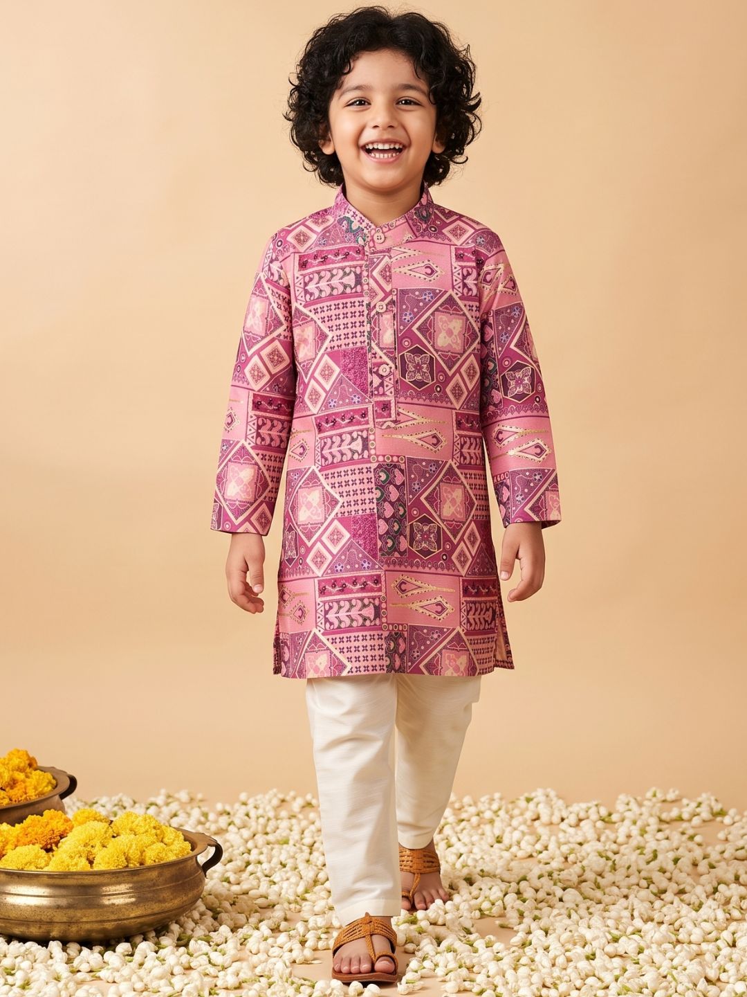 AJ Dezines Pink Ethnic Foil Print Silk Blend Kurta and Pyjama For Boys