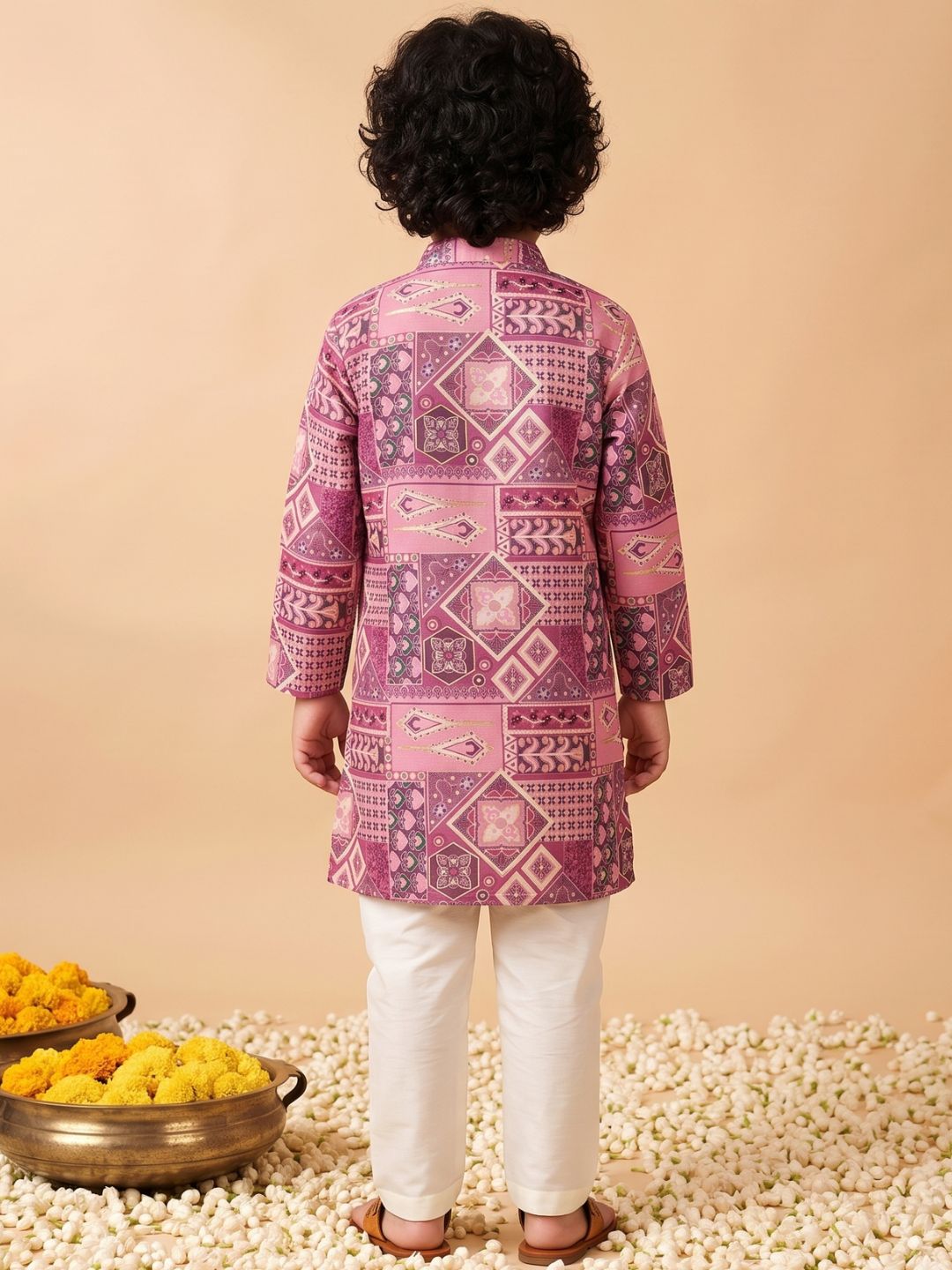 AJ Dezines Pink Ethnic Foil Print Silk Blend Kurta and Pyjama For Boys
