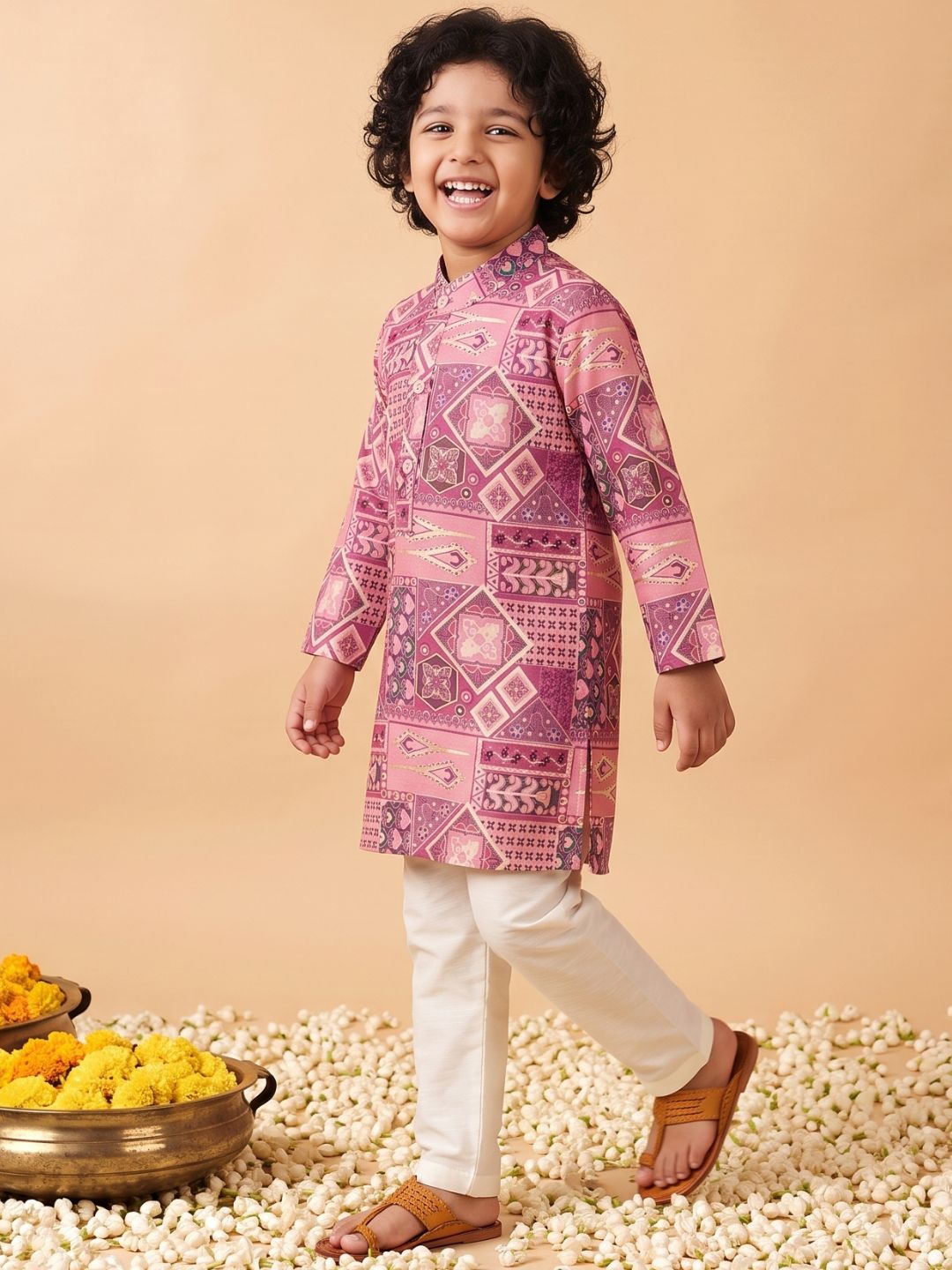AJ Dezines Pink Ethnic Foil Print Silk Blend Kurta and Pyjama For Boys