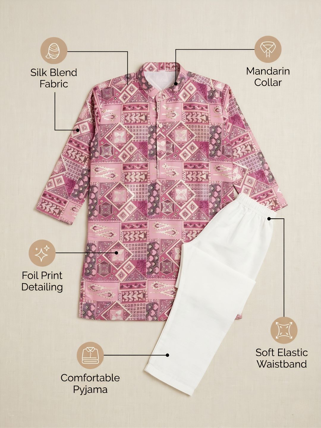 AJ Dezines Pink Ethnic Foil Print Silk Blend Kurta and Pyjama For Boys