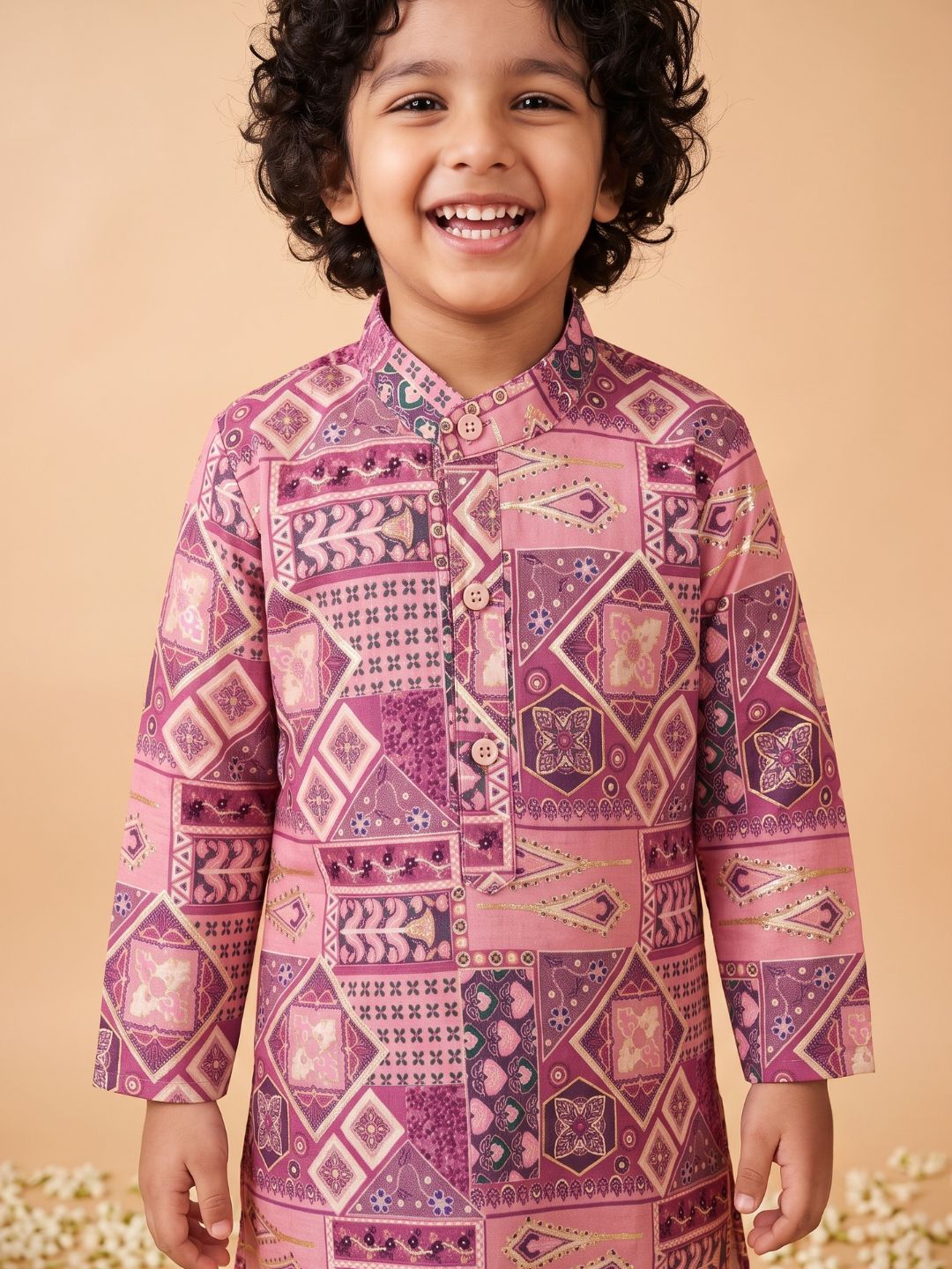 AJ Dezines Pink Ethnic Foil Print Silk Blend Kurta and Pyjama For Boys