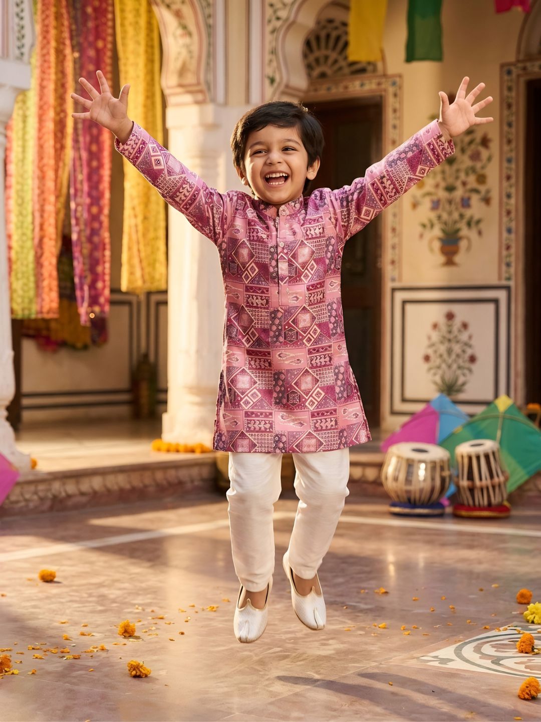 AJ Dezines Pink Ethnic Foil Print Silk Blend Kurta and Pyjama For Boys