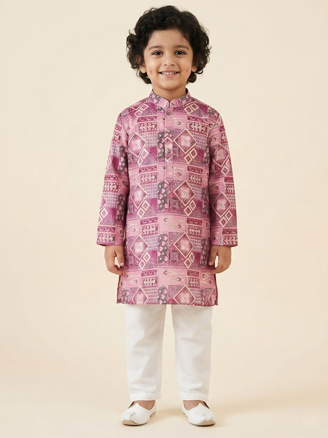 AJ Dezines Pink Ethnic Foil Print Silk Blend Kurta and Pyjama For Boys