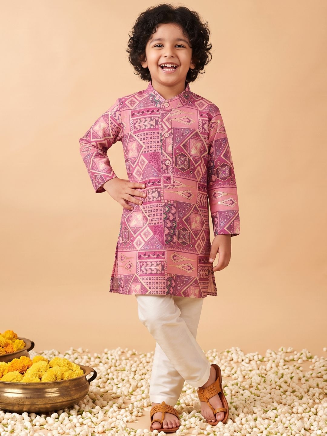AJ Dezines Pink Ethnic Foil Print Silk Blend Kurta and Pyjama For Boys