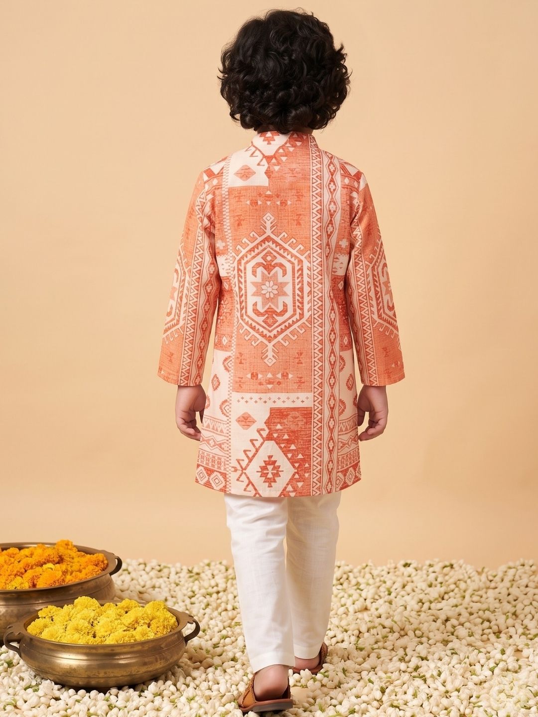 AJ Dezines Orange Ethnic Print Cotton Blend Kurta and Pyjama For Boys