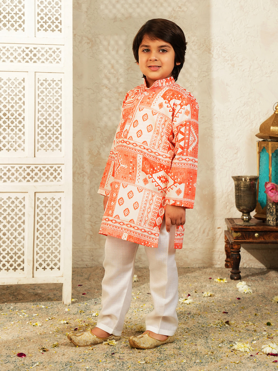 AJ Dezines Orange Ethnic Print Cotton Blend Kurta and Pyjama For Boys