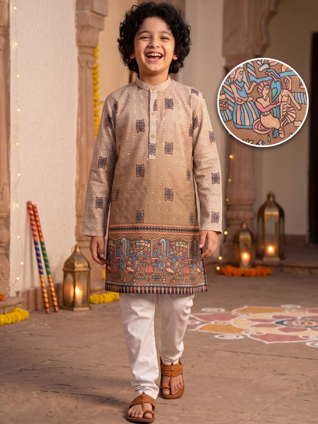 Light Brown Trendy Printed Chikankari Kurta and Pyjama For Boys