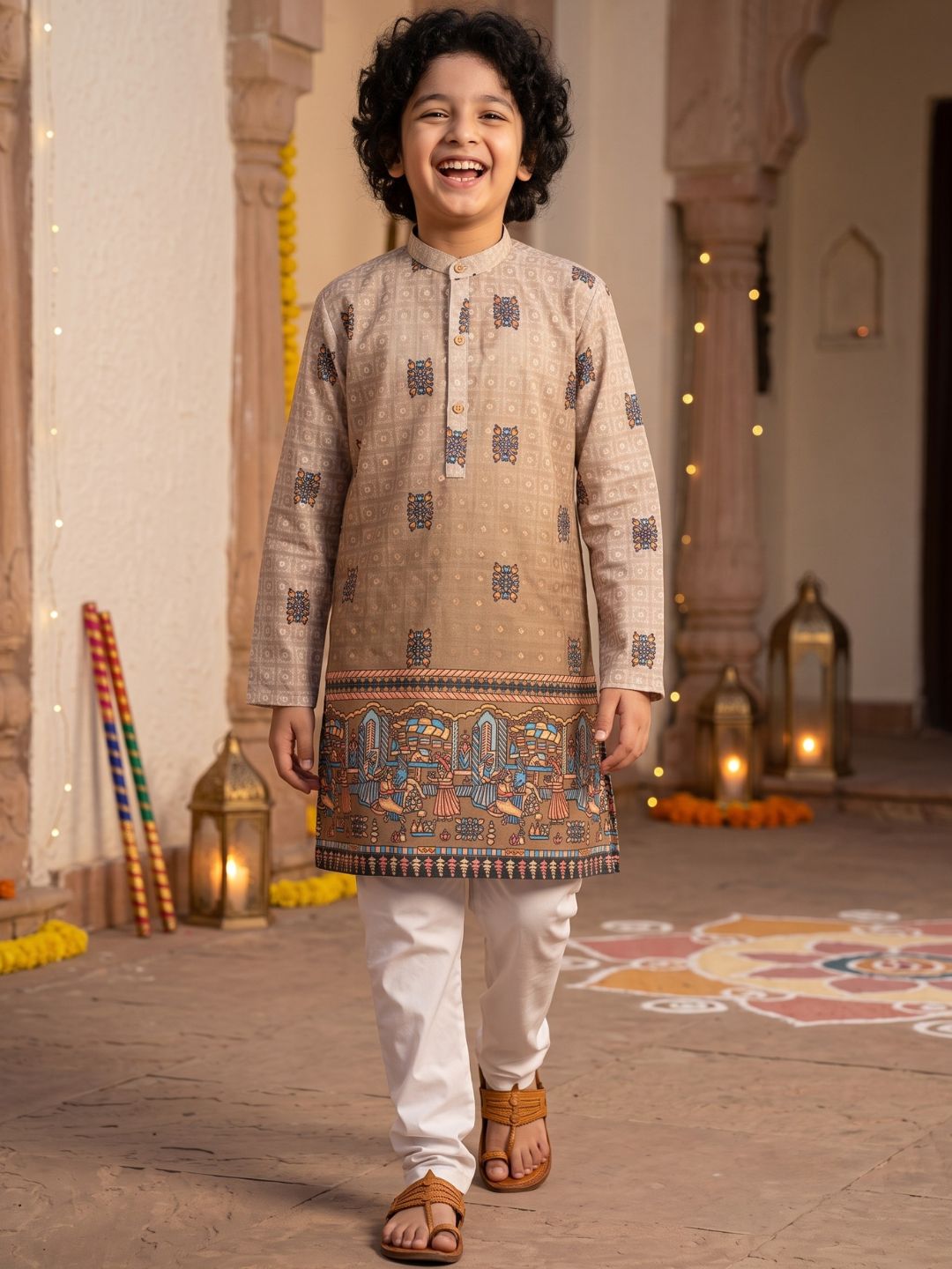 Light Brown Trendy Printed Chikankari Kurta and Pyjama For Boys