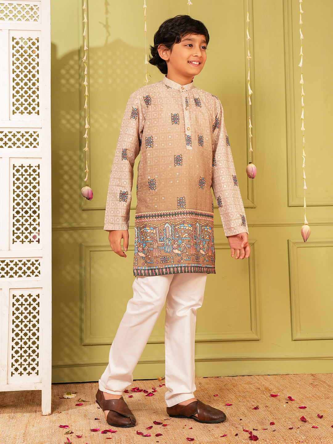 Light Brown Trendy Printed Chikankari Kurta and Pyjama For Boys