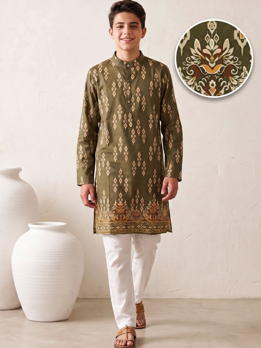 Green Trendy Printed Chikankari Kurta and Pyjama For Boys