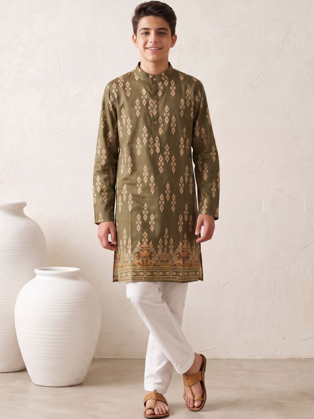 Green Trendy Printed Chikankari Kurta and Pyjama For Boys