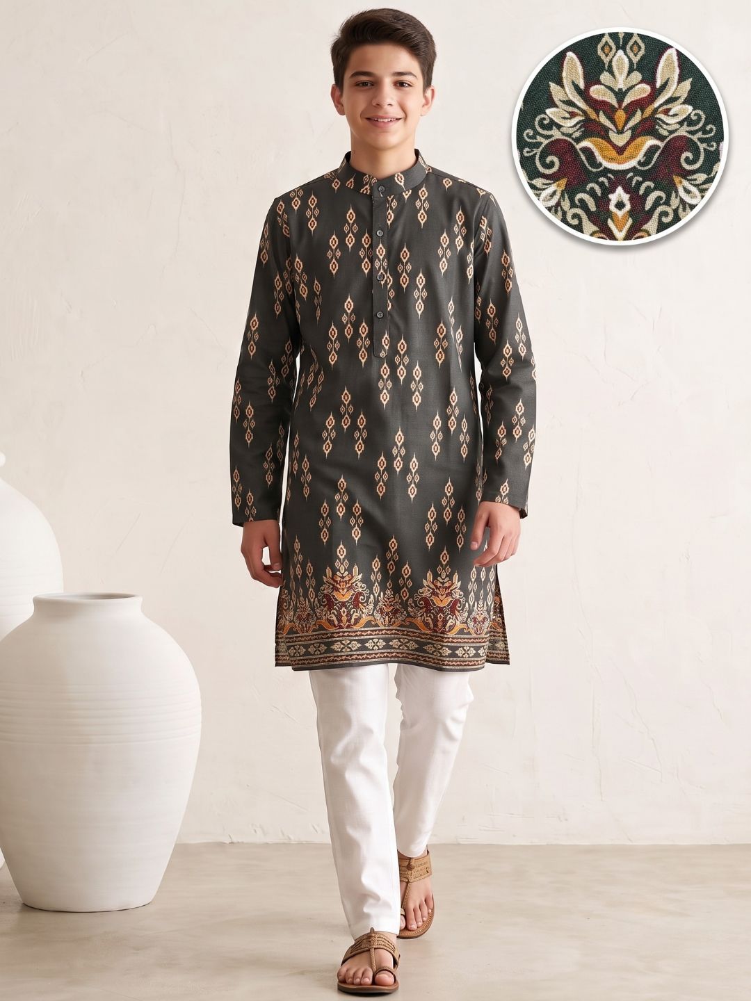 Grey Trendy Printed Chikankari Kurta and Pyjama For Boys