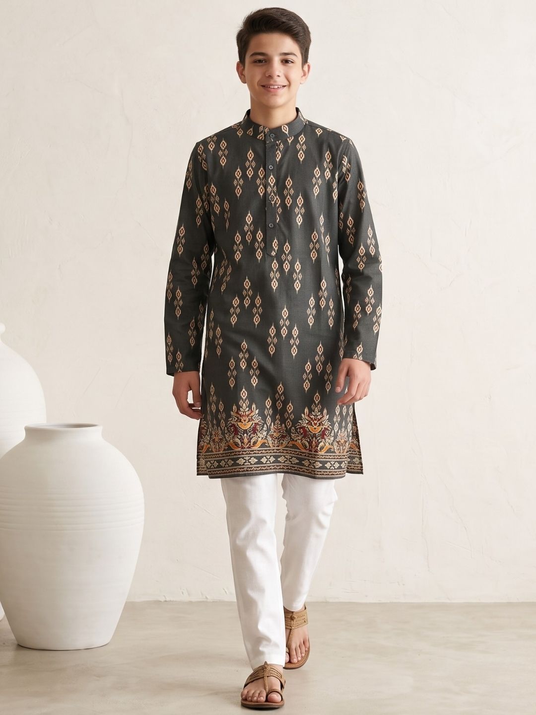 Grey Trendy Printed Chikankari Kurta and Pyjama For Boys