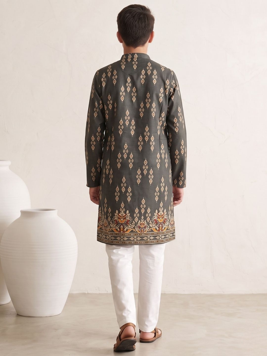Grey Trendy Printed Chikankari Kurta and Pyjama For Boys