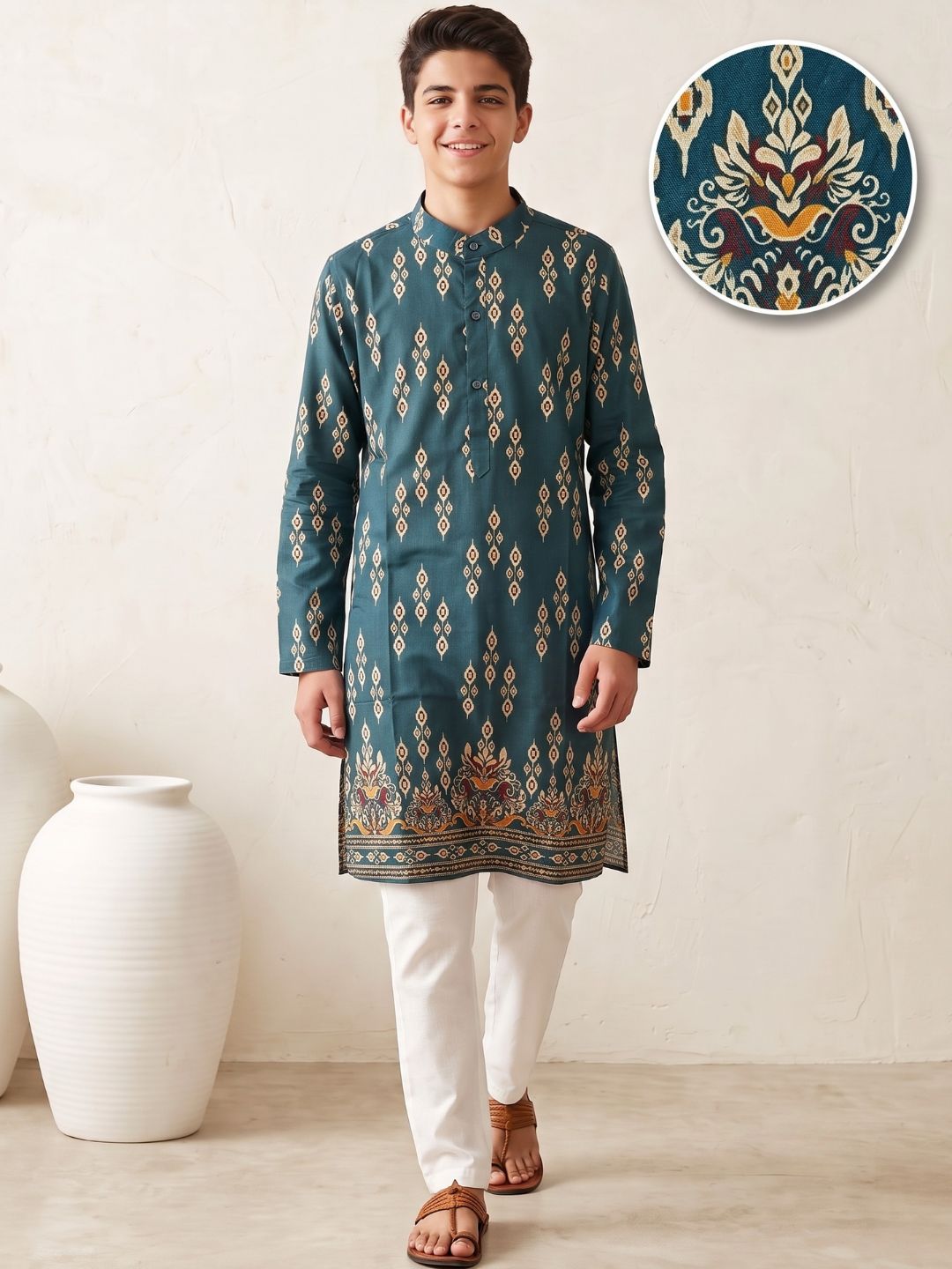 Teal Trendy Printed Chikankari Kurta and Pyjama For Boys