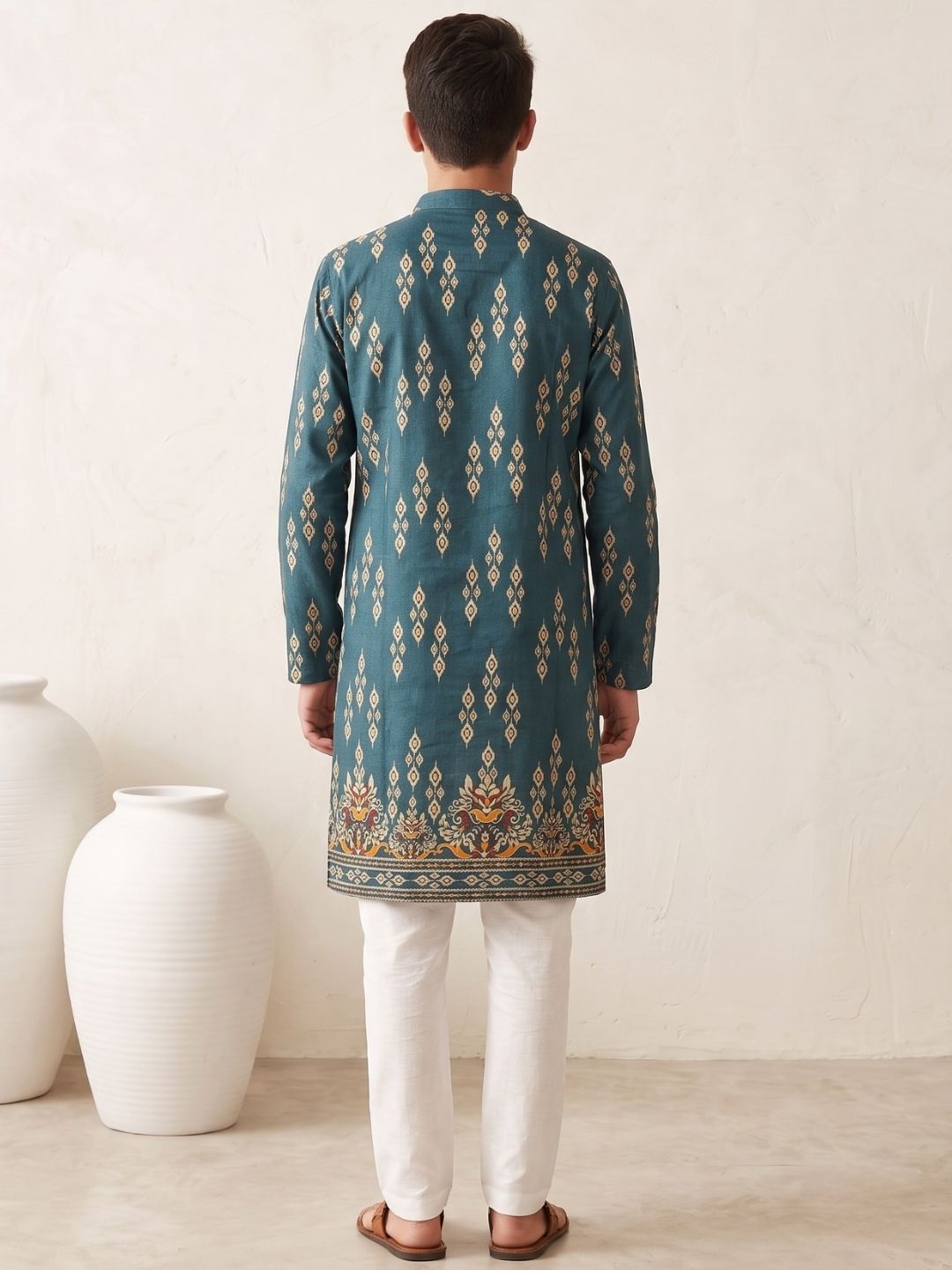 Teal Trendy Printed Chikankari Kurta and Pyjama For Boys
