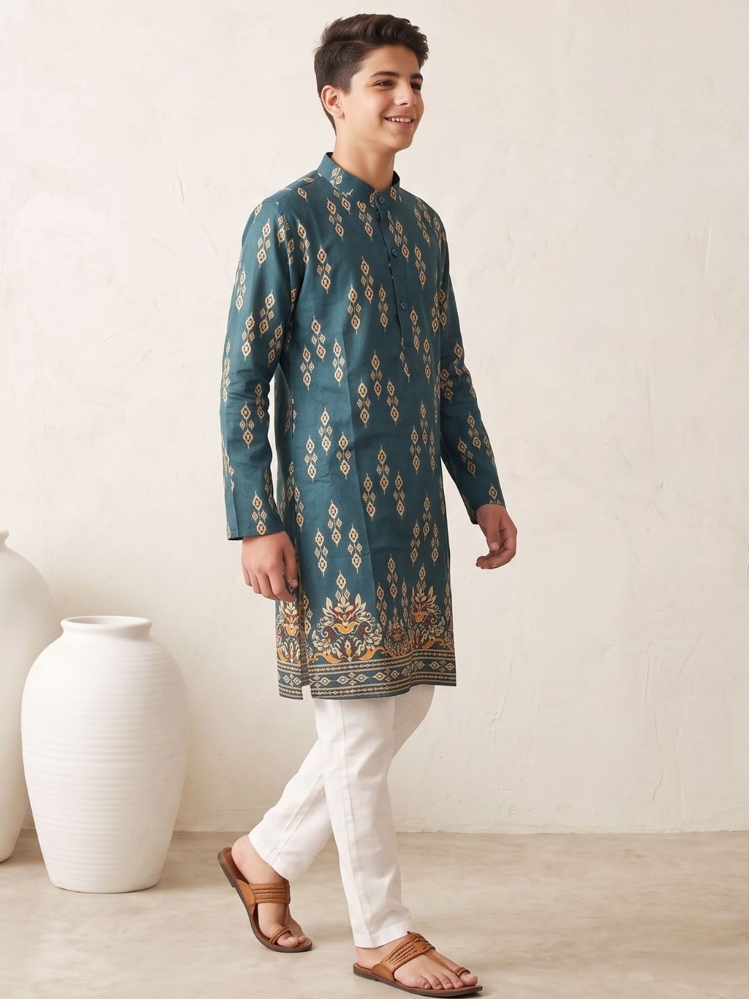 Teal Trendy Printed Chikankari Kurta and Pyjama For Boys