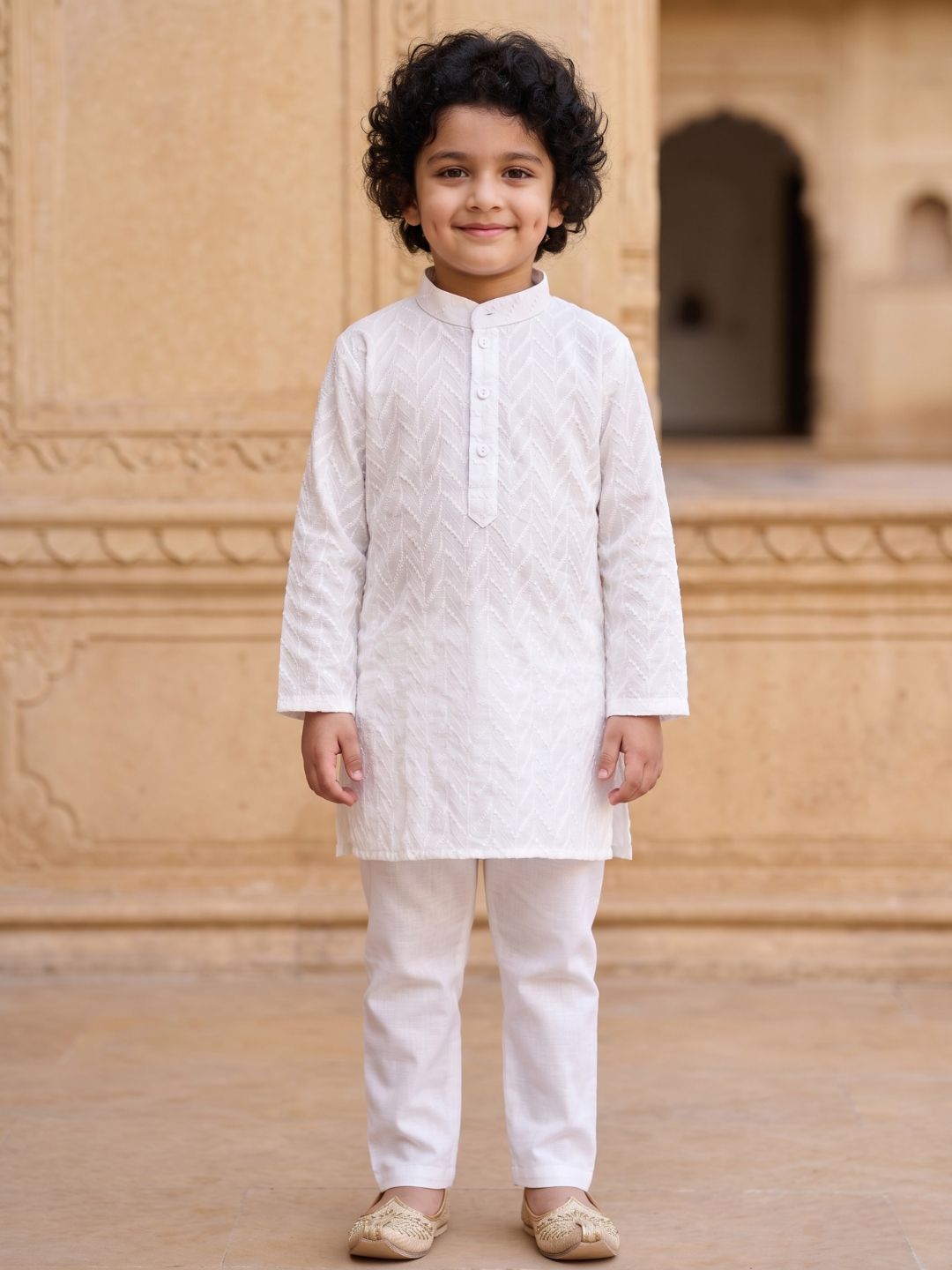 White Chikankari Full Sleeve Cotton Kurta & Pyjama Set For Kids Boys