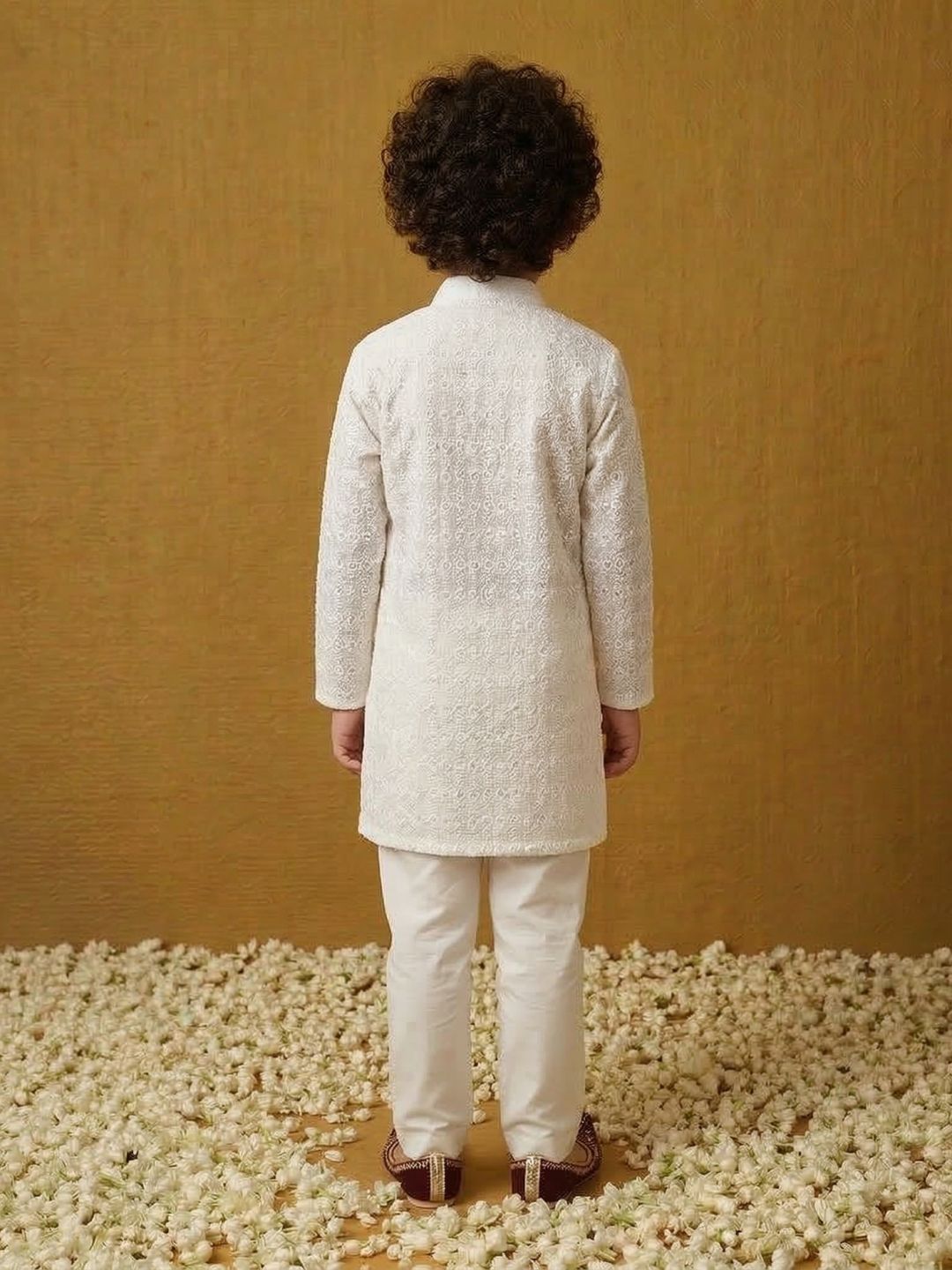 White Chikankari Cotton Ethnic Wear Kurta & Pyjama Set For Kids Boys