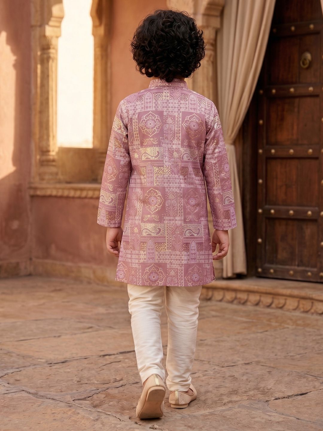 Pink Ethnic Foil Print Silk Blend Kurta and Pyjama For Boys