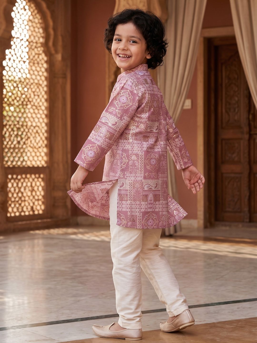 Pink Ethnic Foil Print Silk Blend Kurta and Pyjama For Boys