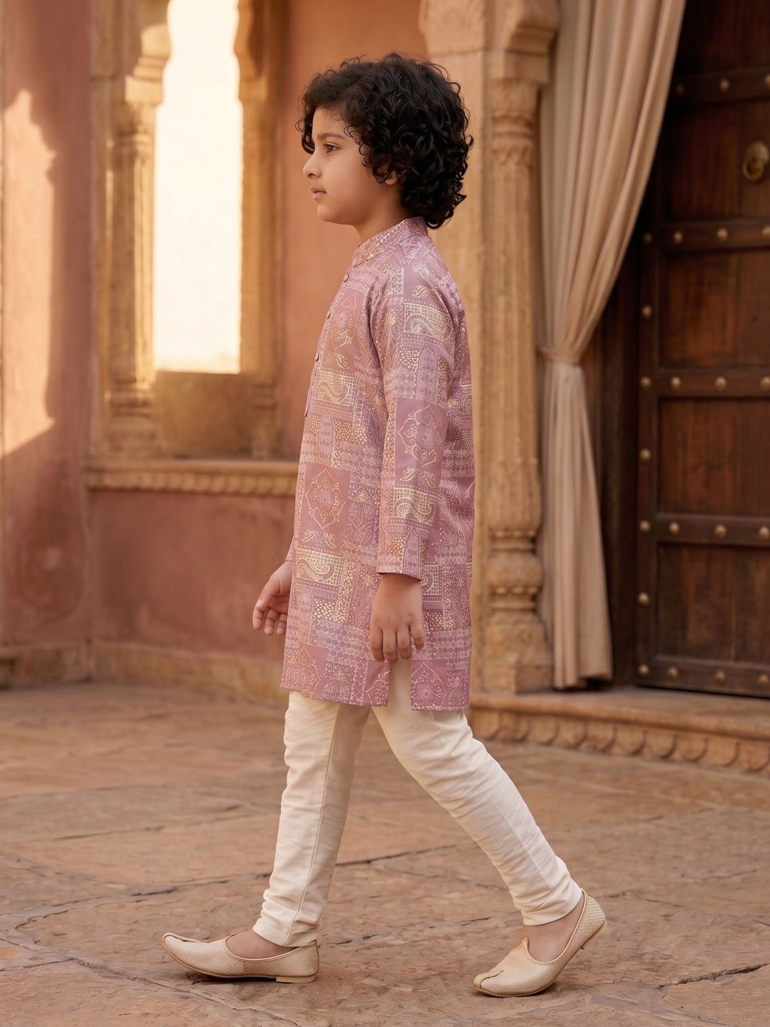 Pink Ethnic Foil Print Silk Blend Kurta and Pyjama For Boys
