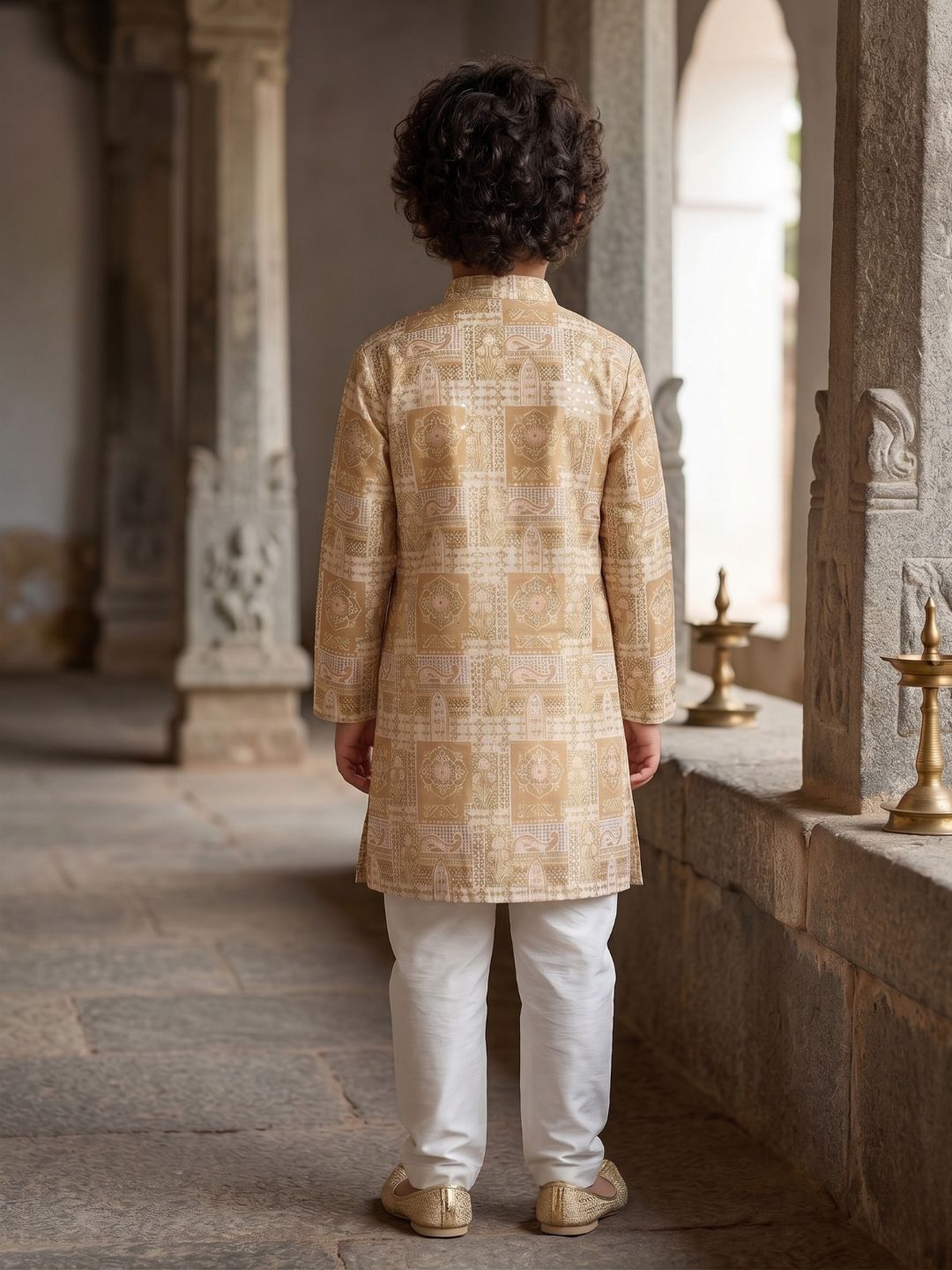 Yellow Ethnic Foil Print Silk Blend Kurta and Pyjama For Boys