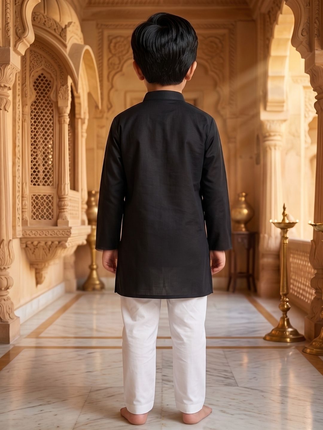 AJ Dezines Black Embroidery Pure Cotton Kurta Pyjama Set For Boys