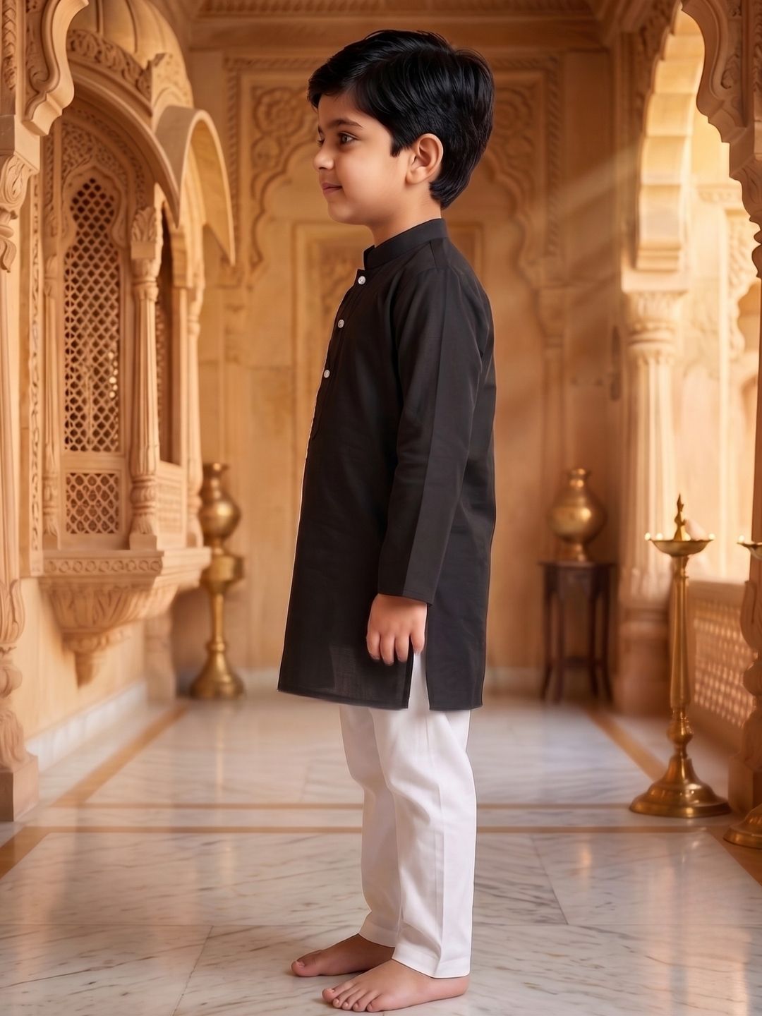 AJ Dezines Black Embroidery Pure Cotton Kurta Pyjama Set For Boys