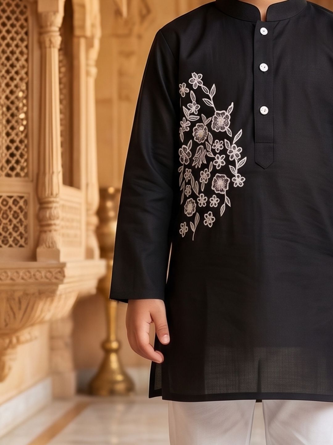 AJ Dezines Black Embroidery Pure Cotton Kurta Pyjama Set For Boys