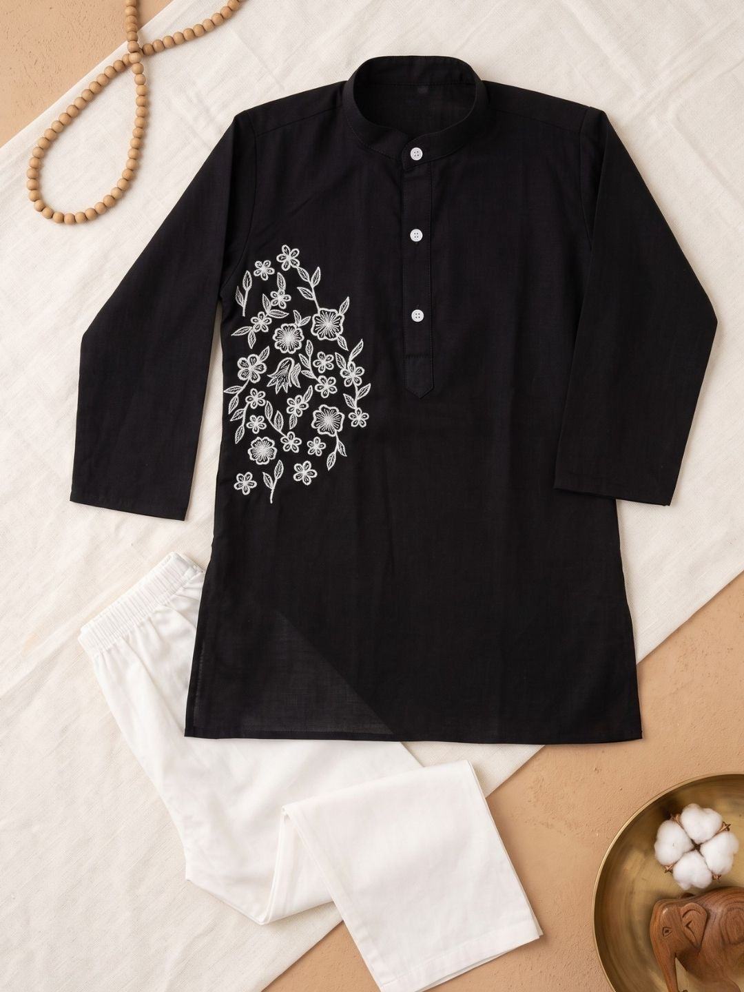 AJ Dezines Black Embroidery Pure Cotton Kurta Pyjama Set For Boys