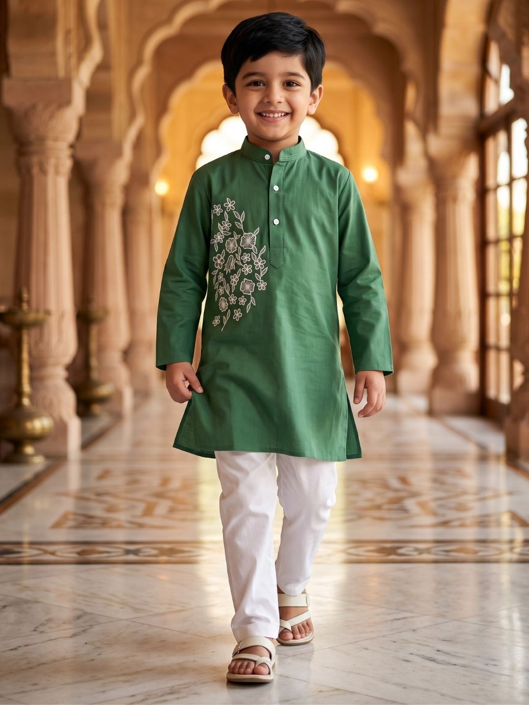 AJ Dezines Green Embroidery Pure Cotton Kurta Pyjama Set For Boys