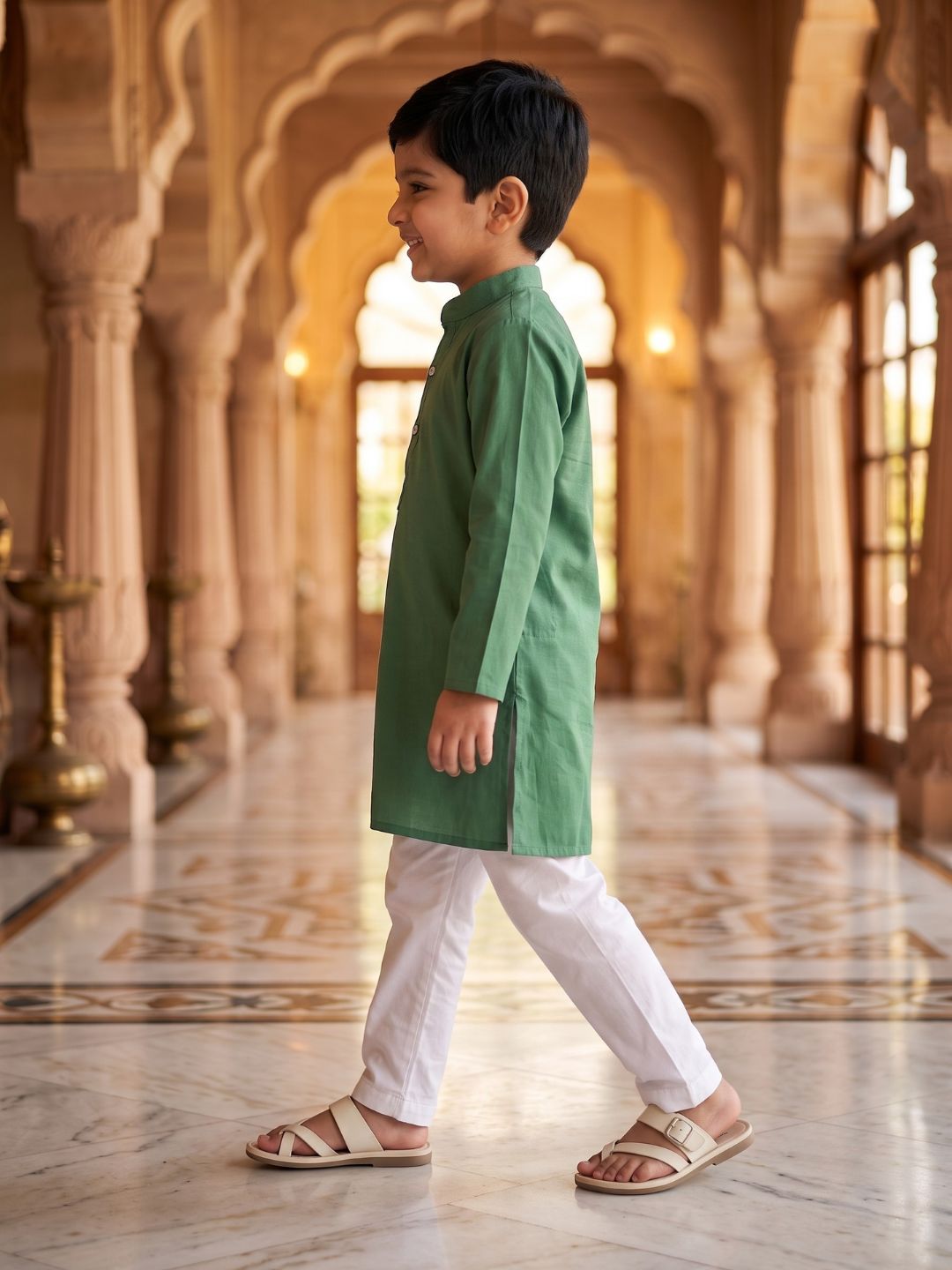 AJ Dezines Green Embroidery Pure Cotton Kurta Pyjama Set For Boys