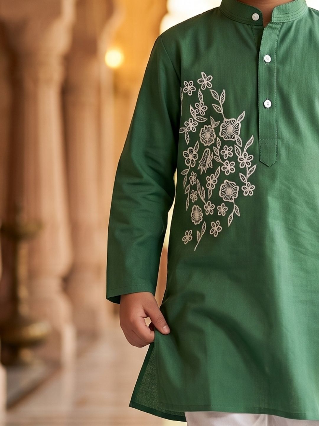 AJ Dezines Green Embroidery Pure Cotton Kurta Pyjama Set For Boys