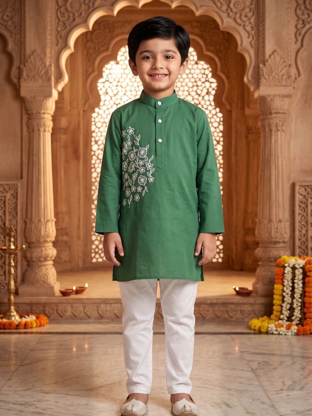 AJ Dezines Green Embroidery Pure Cotton Kurta Pyjama Set For Boys