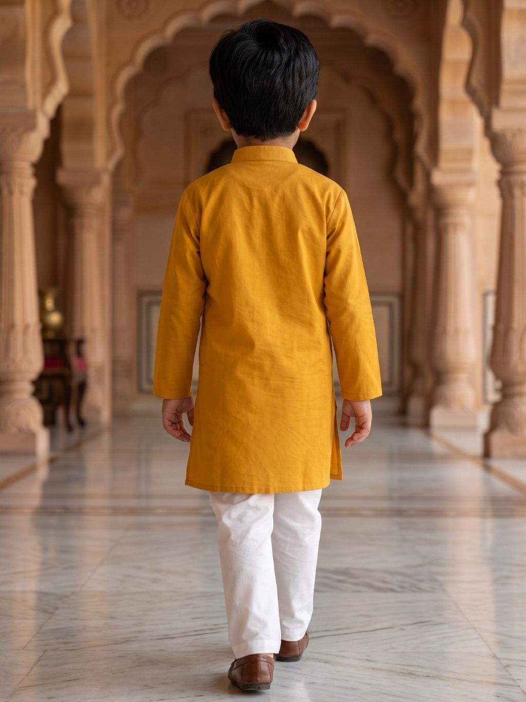 AJ Dezines Mustard Embroidery Pure Cotton Kurta Pyjama Set For Boys