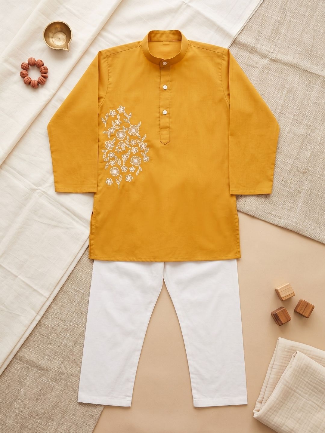 AJ Dezines Mustard Embroidery Pure Cotton Kurta Pyjama Set For Boys