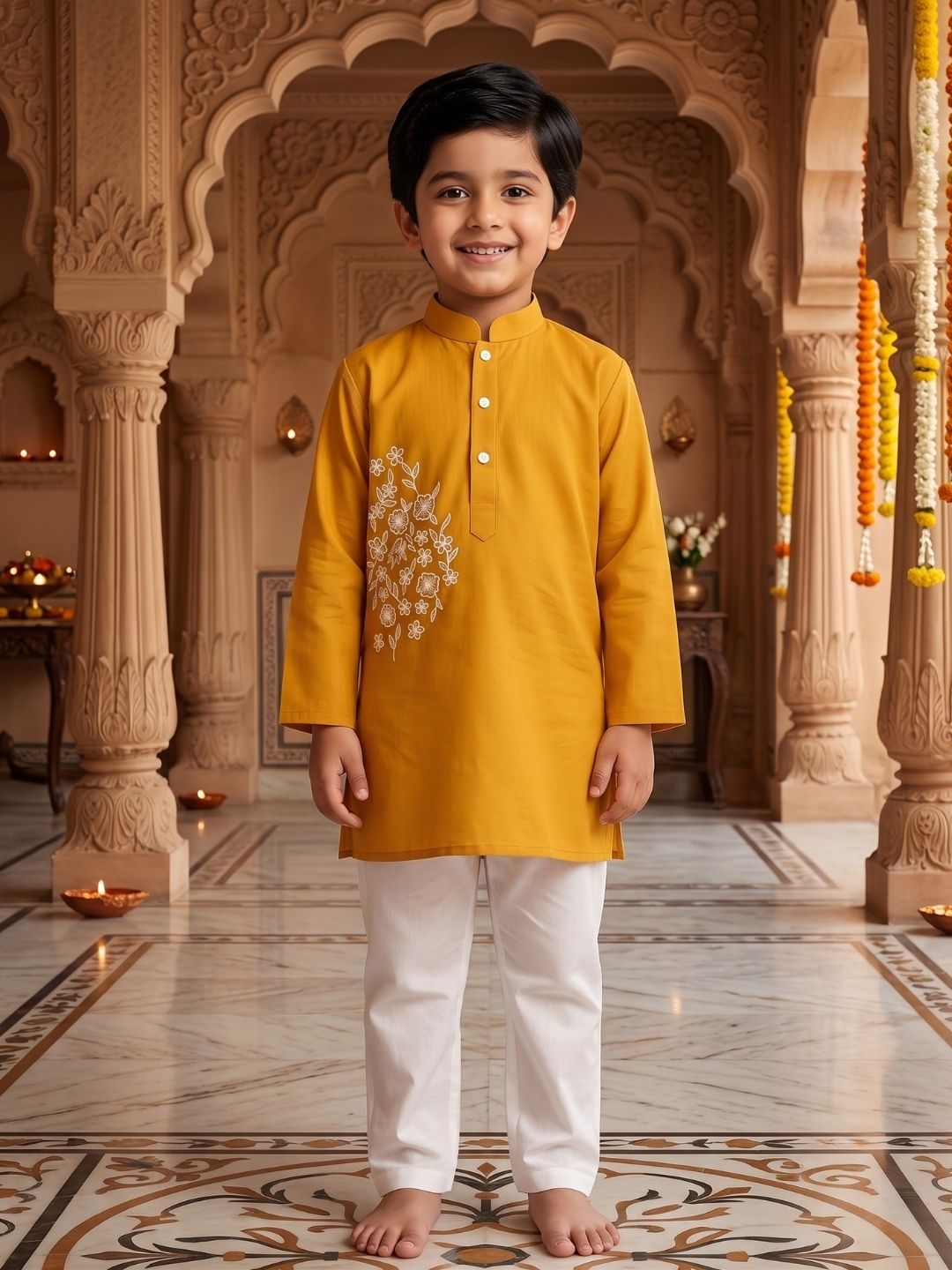 AJ Dezines Mustard Embroidery Pure Cotton Kurta Pyjama Set For Boys