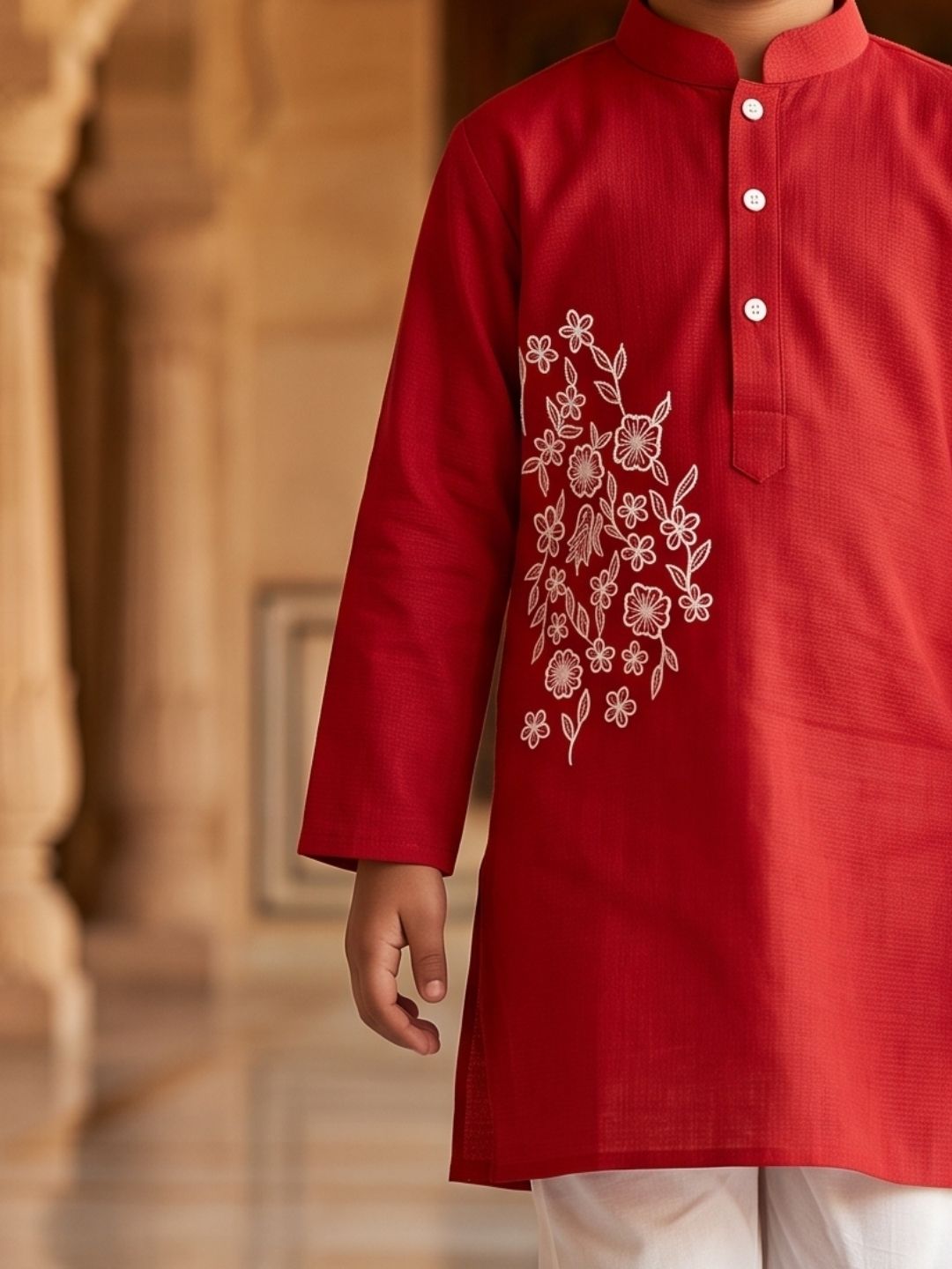 AJ Dezines Red Embroidery Pure Cotton Kurta Pyjama Set For Boys