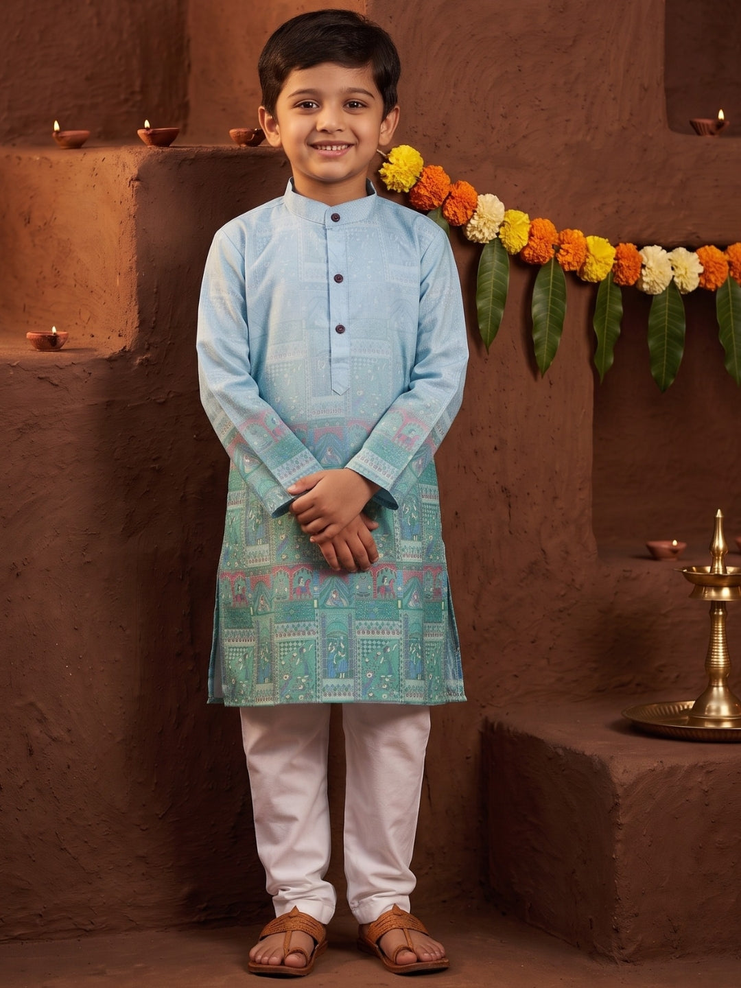 Blue Ethnic Print Cotton Blend Kurta Pyjama Set For Boys