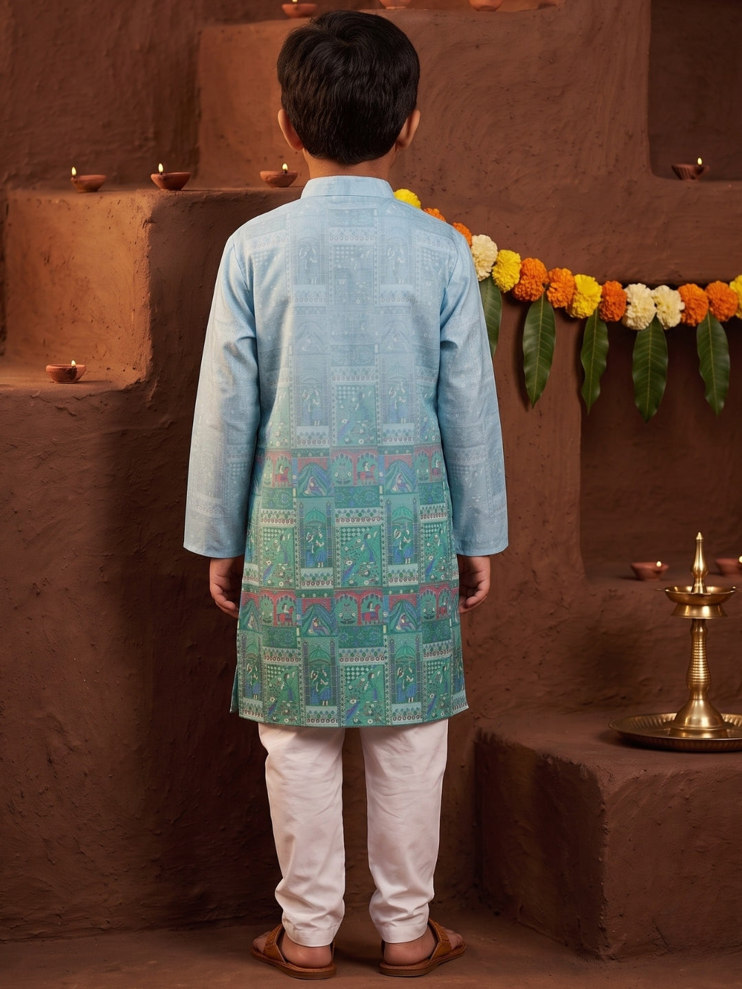 Blue Ethnic Print Cotton Blend Kurta Pyjama Set For Boys