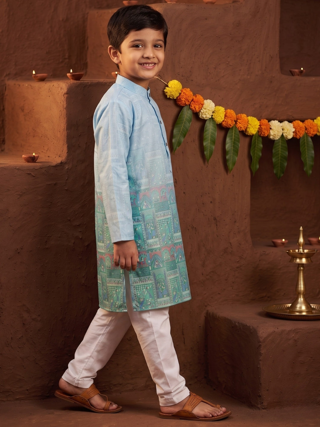 Blue Ethnic Print Cotton Blend Kurta Pyjama Set For Boys
