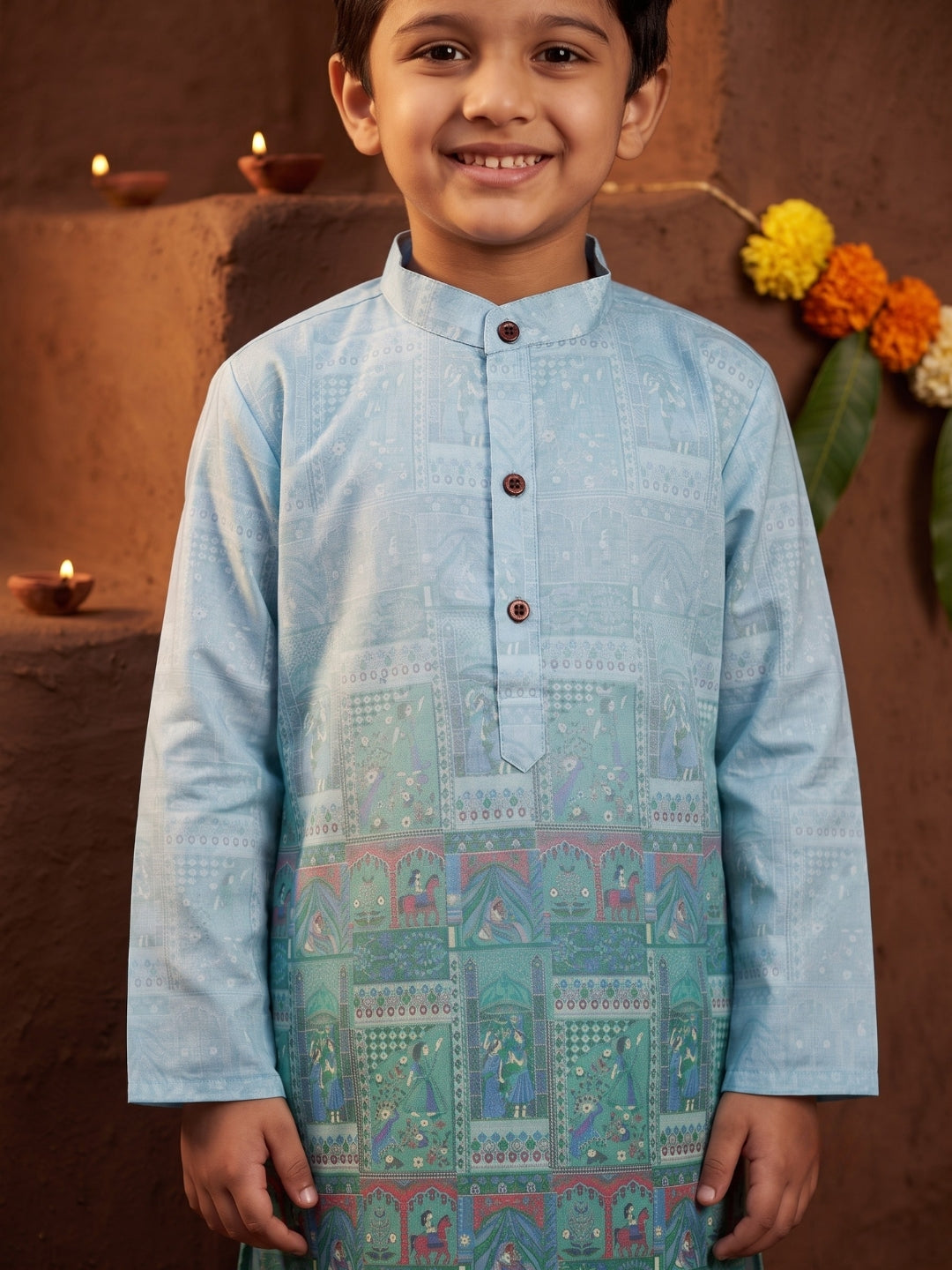 Blue Ethnic Print Cotton Blend Kurta Pyjama Set For Boys