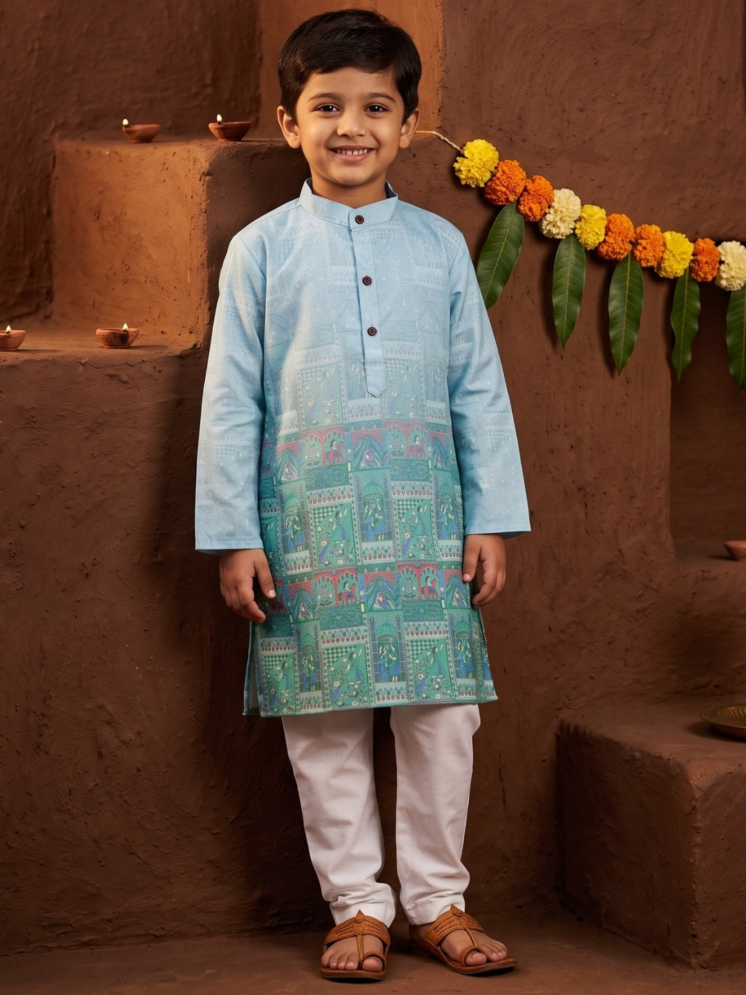 Blue Ethnic Print Cotton Blend Kurta Pyjama Set For Boys