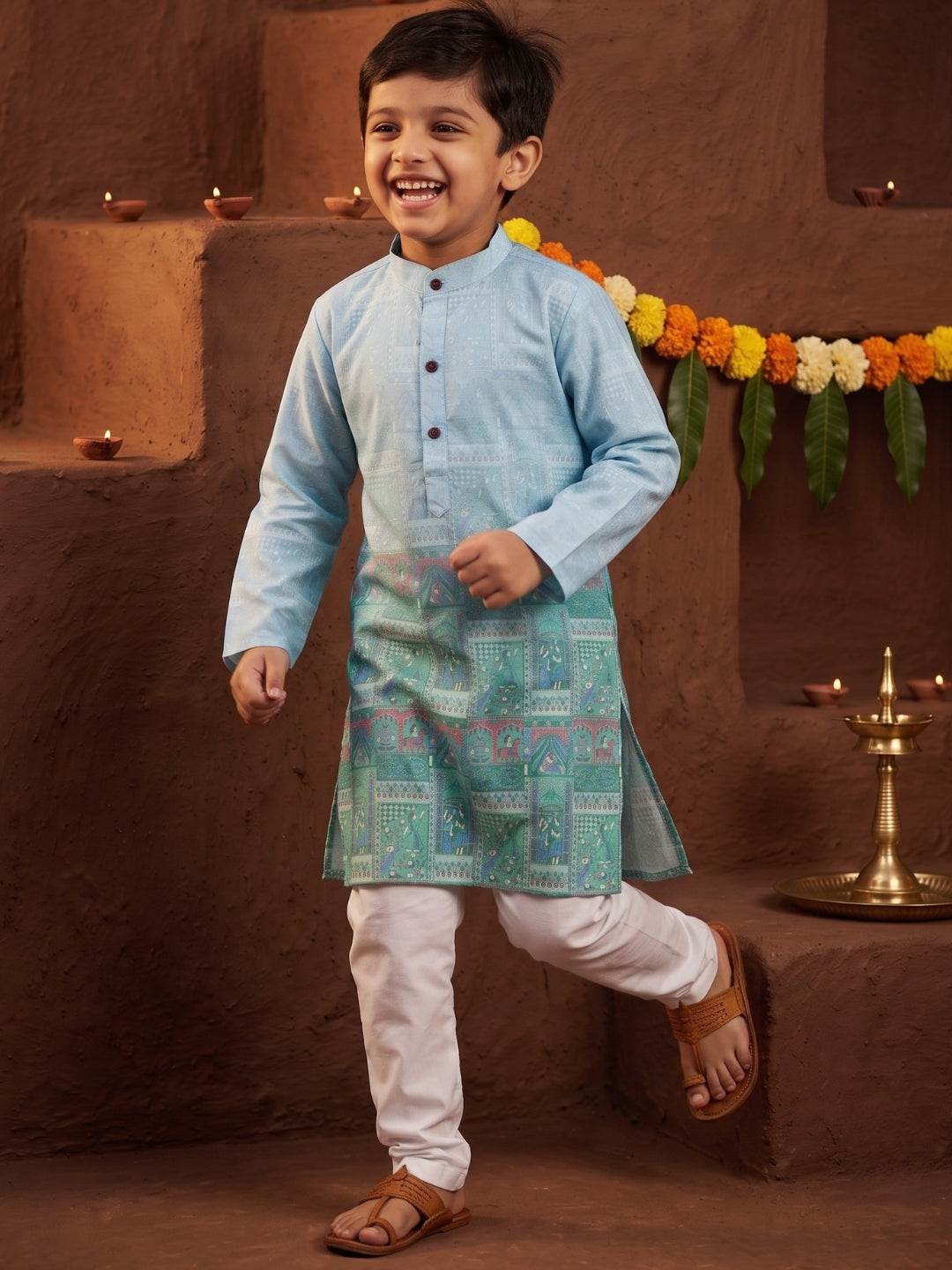 Blue Ethnic Print Cotton Blend Kurta Pyjama Set For Boys