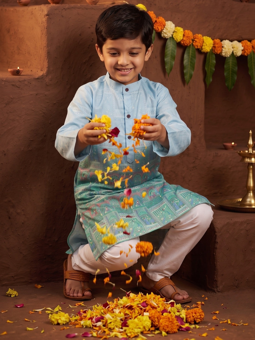 Blue Ethnic Print Cotton Blend Kurta Pyjama Set For Boys