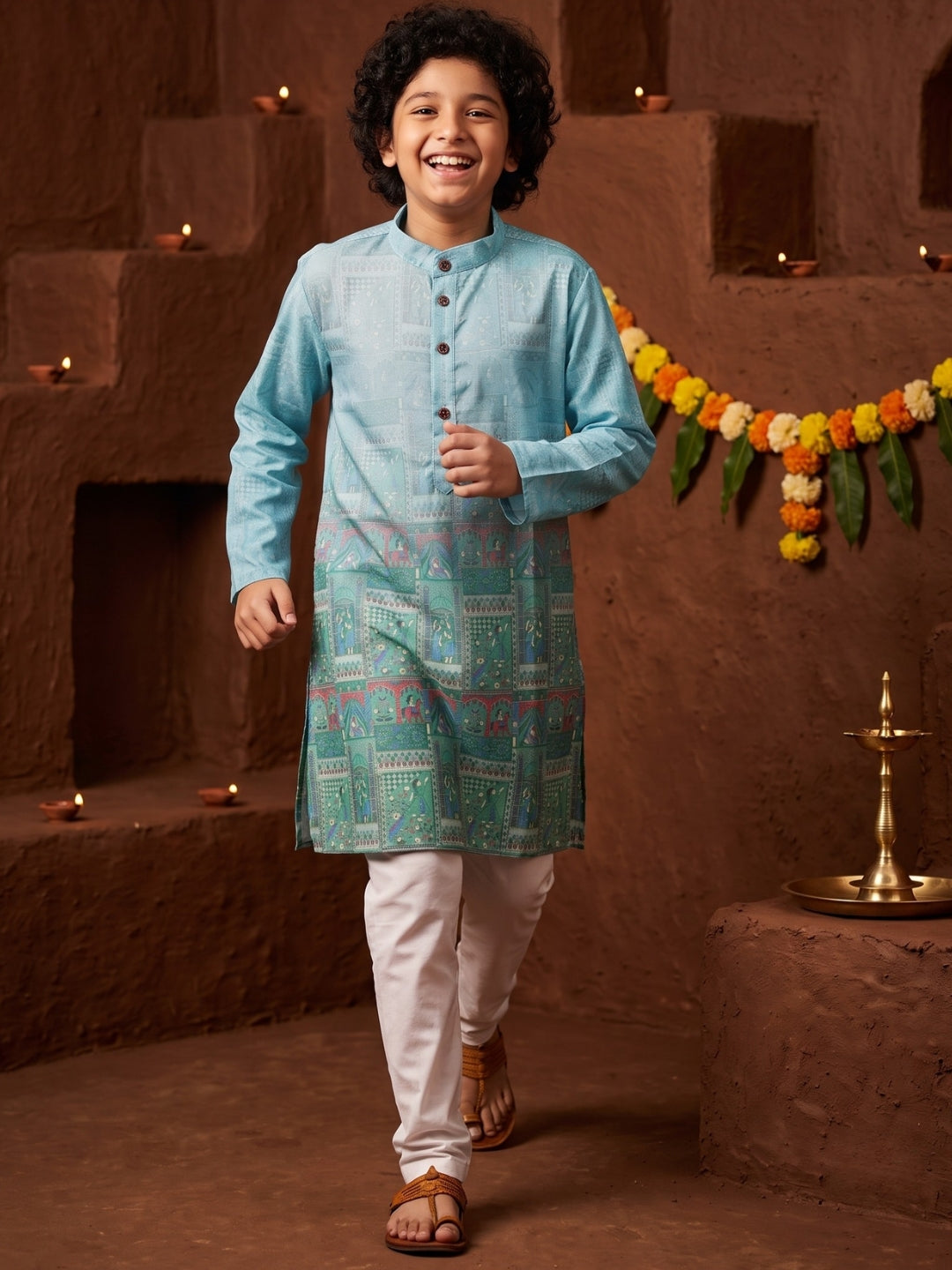 Blue Ethnic Print Cotton Blend Kurta Pyjama Set For Boys