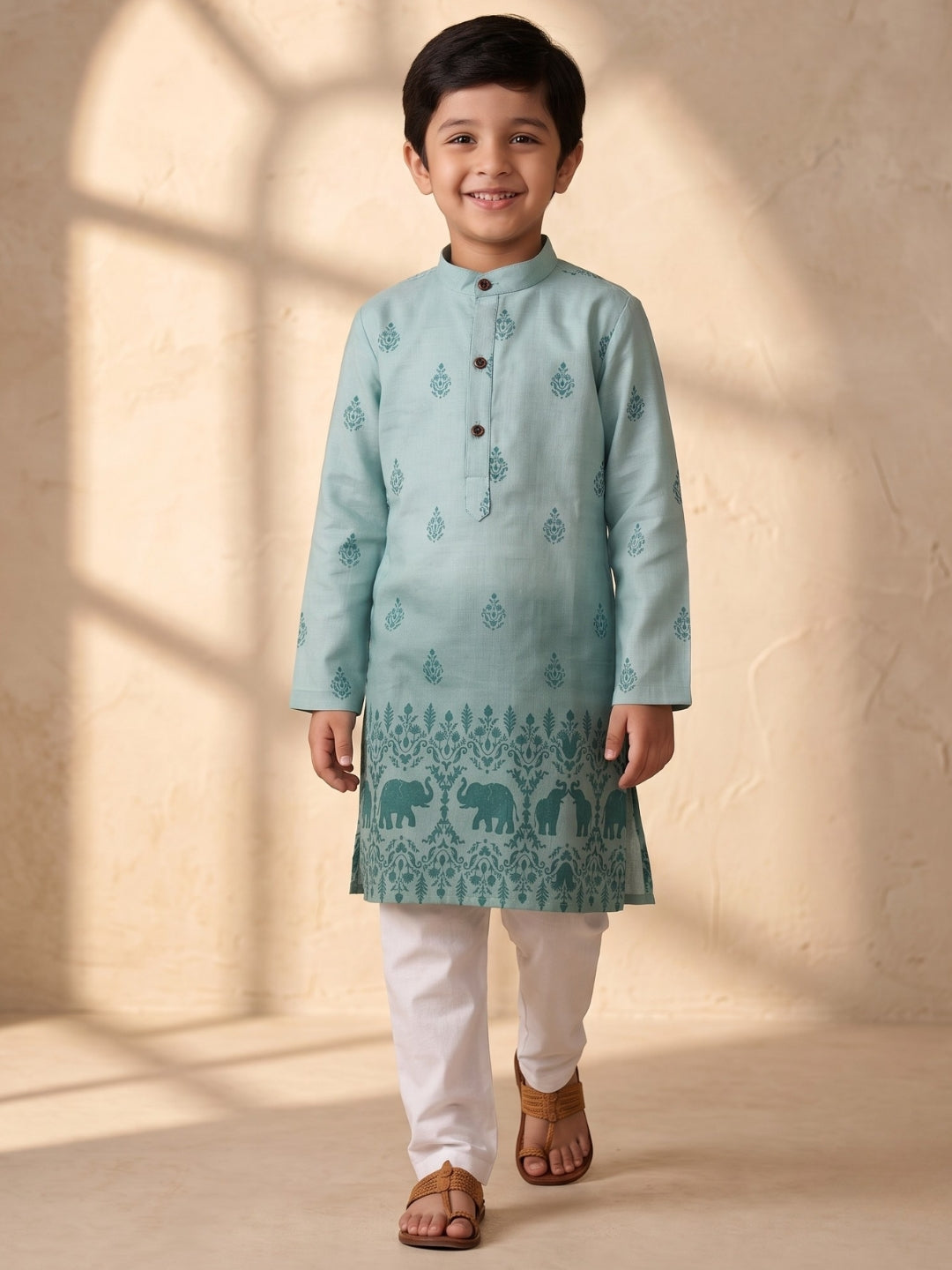 Blue Elephant Printed Cotton Blend Kurta Pyjama Set For Boys